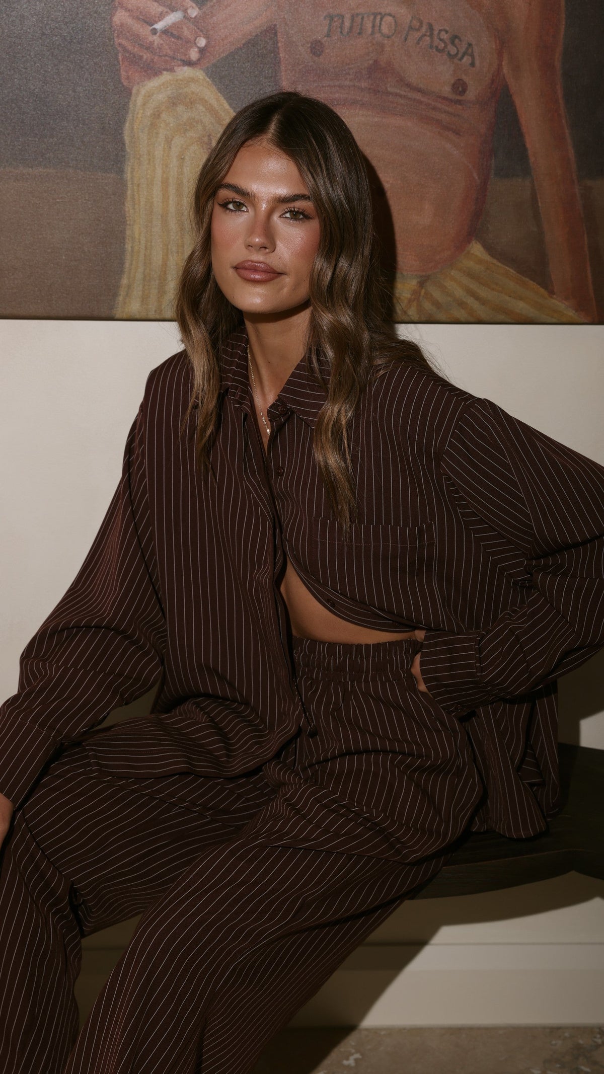 Zaila Boxy V-Neck Long Sleeve Shirt – Burgundy/White Stripe – view 7