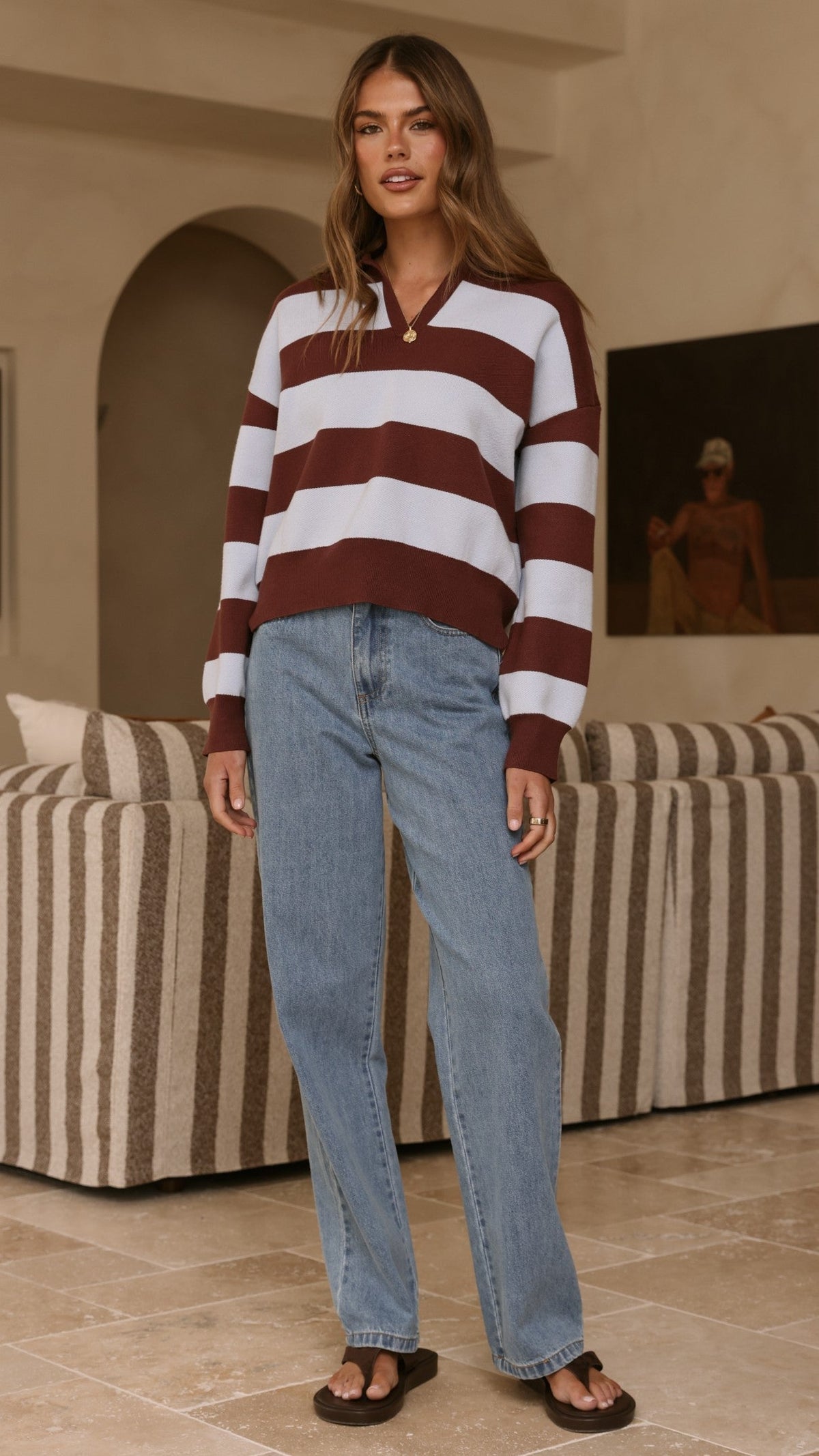 Kodi Collared V-Neck Boxy Knit Jumper – Blue/Brown Stripe – view 4