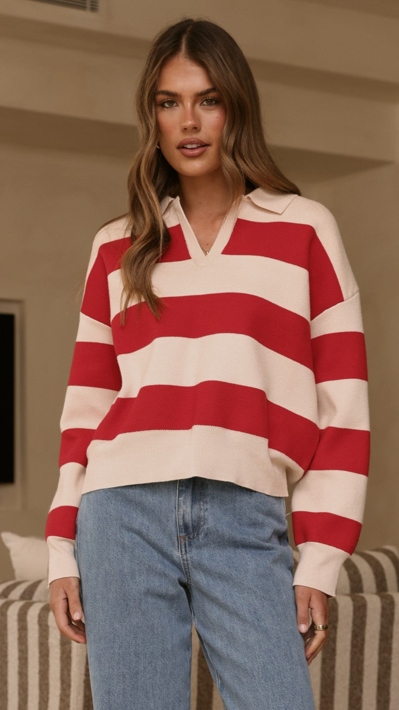 Kodi Collared V-Neck Boxy Knit Jumper – Red/Beige Stripe