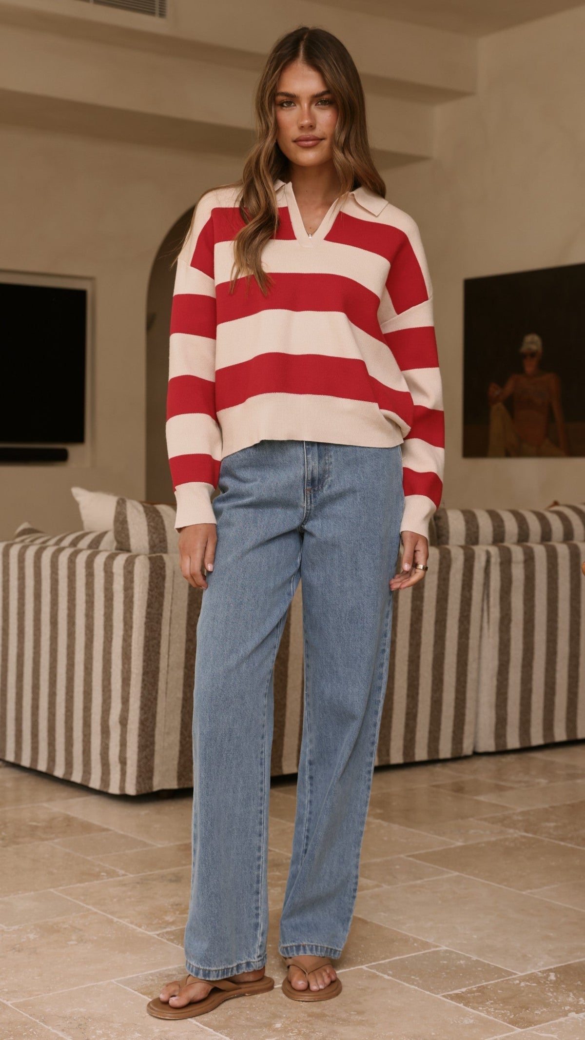 Kodi Collared V-Neck Boxy Knit Jumper – Red/Beige Stripe – view 4