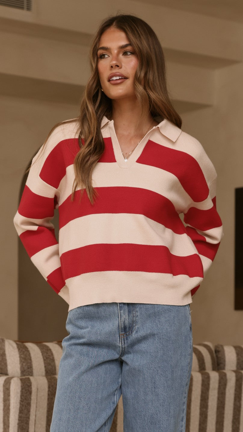 Kodi Collared V-Neck Boxy Knit Jumper – Red/Beige Stripe – view 1