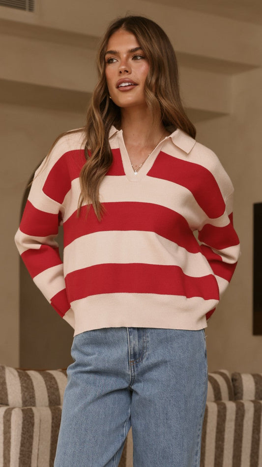 Kodi Collared V-Neck Boxy Knit Jumper – Red/Beige Stripe