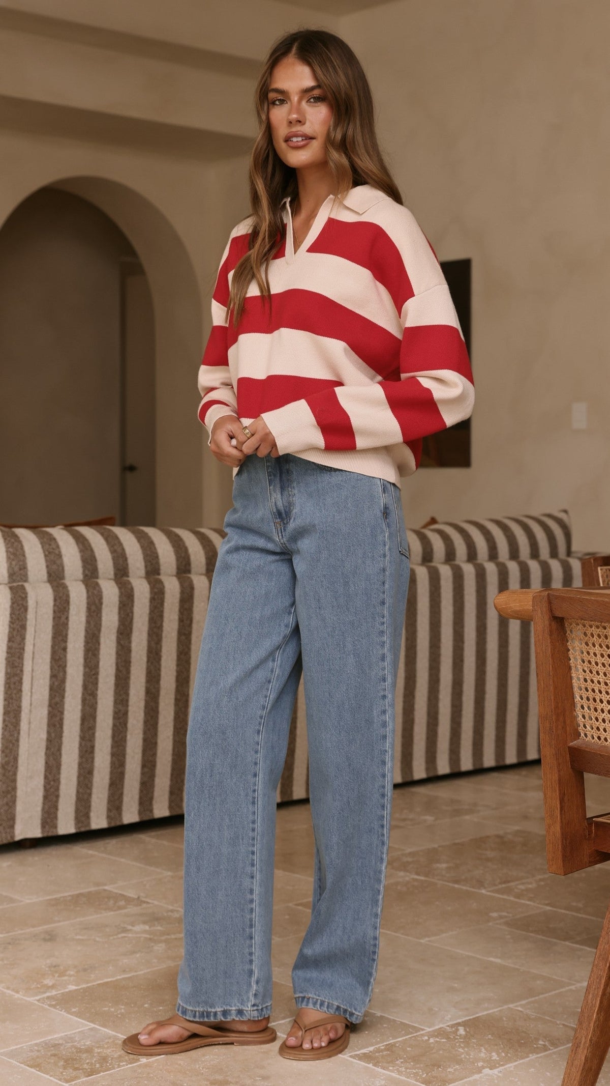 Kodi Collared V-Neck Boxy Knit Jumper – Red/Beige Stripe