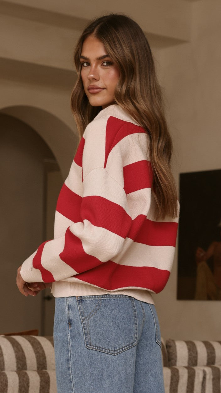 Kodi Collared V-Neck Boxy Knit Jumper – Red/Beige Stripe – view 3