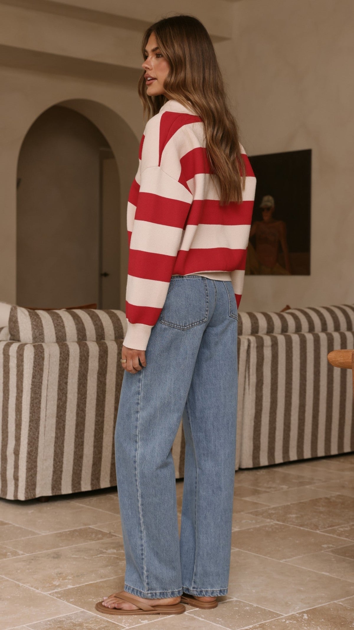 Kodi Collared V-Neck Boxy Knit Jumper – Red/Beige Stripe – view 2