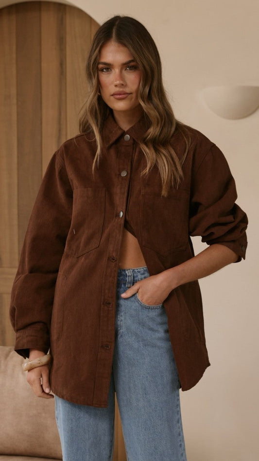Dixon Oversized Longline Jacket with Hidden Side Pockets – Chocolate