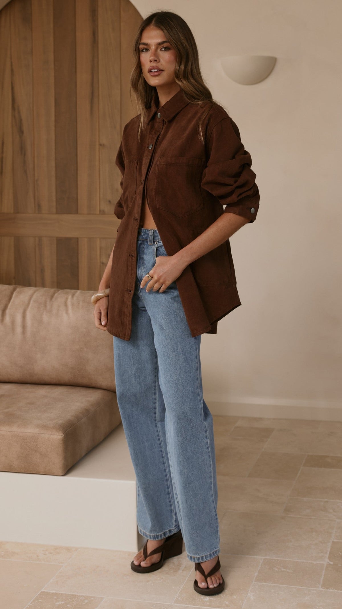 Dixon Oversized Longline Jacket with Hidden Side Pockets – Chocolate – view 3
