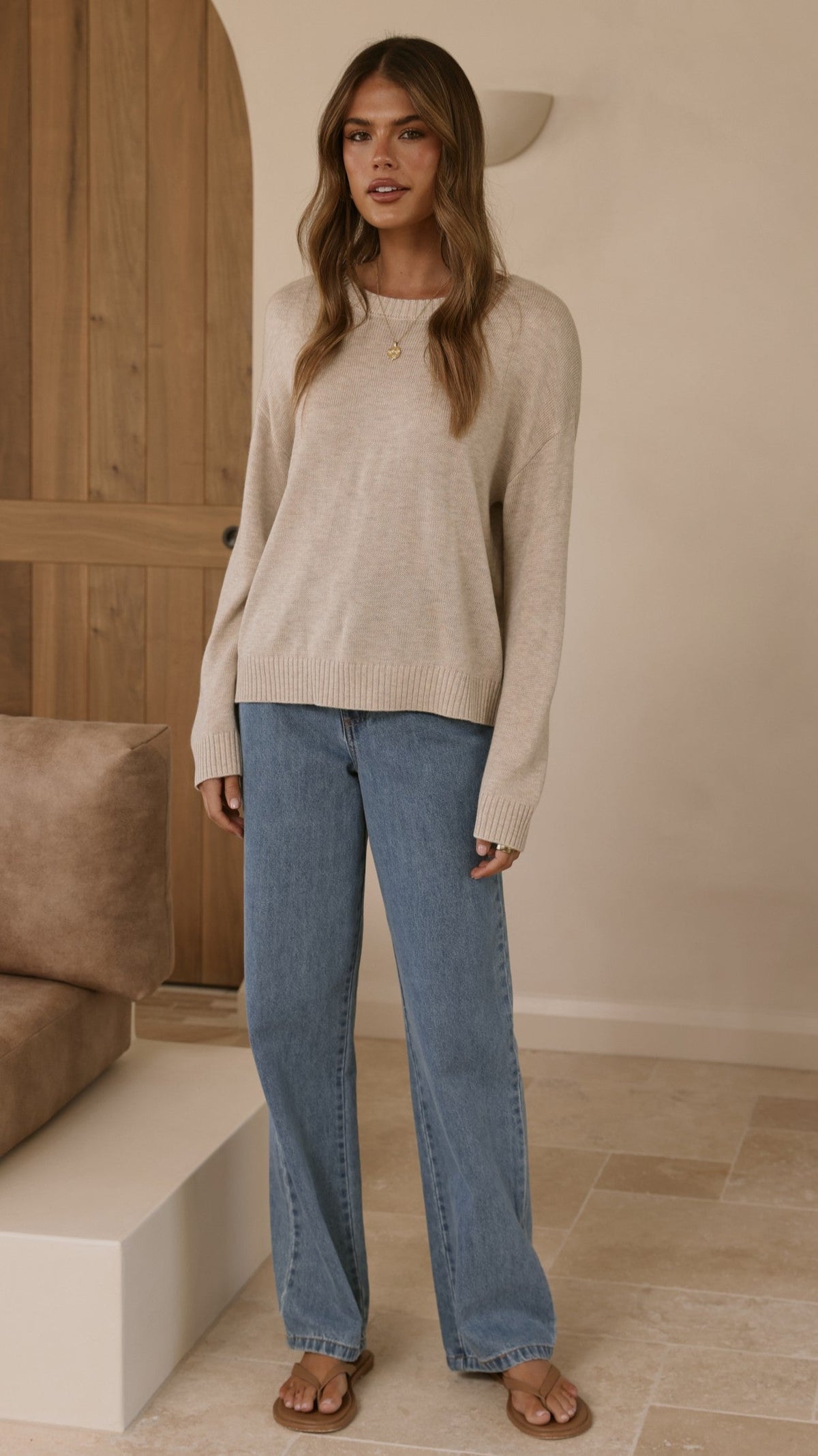 Victoria Crew Neck Long Sleeve Ribbed Trim Knit Top – Oat – view 6