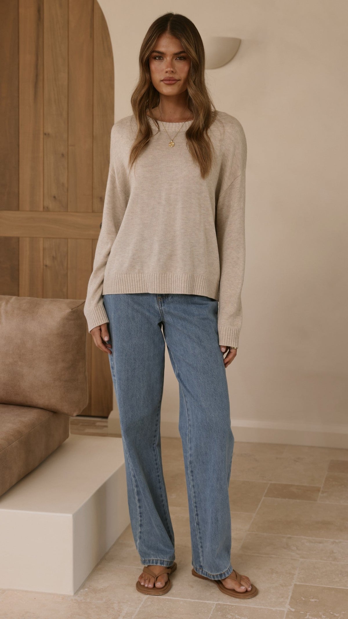 Victoria Crew Neck Long Sleeve Ribbed Trim Knit Top – Oat – view 4