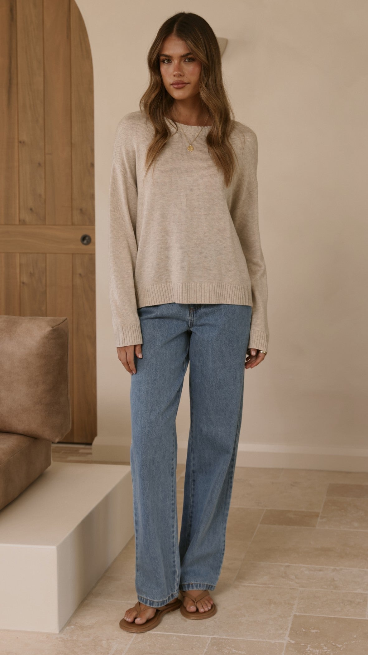 Victoria Crew Neck Long Sleeve Ribbed Trim Knit Top – Oat – view 7