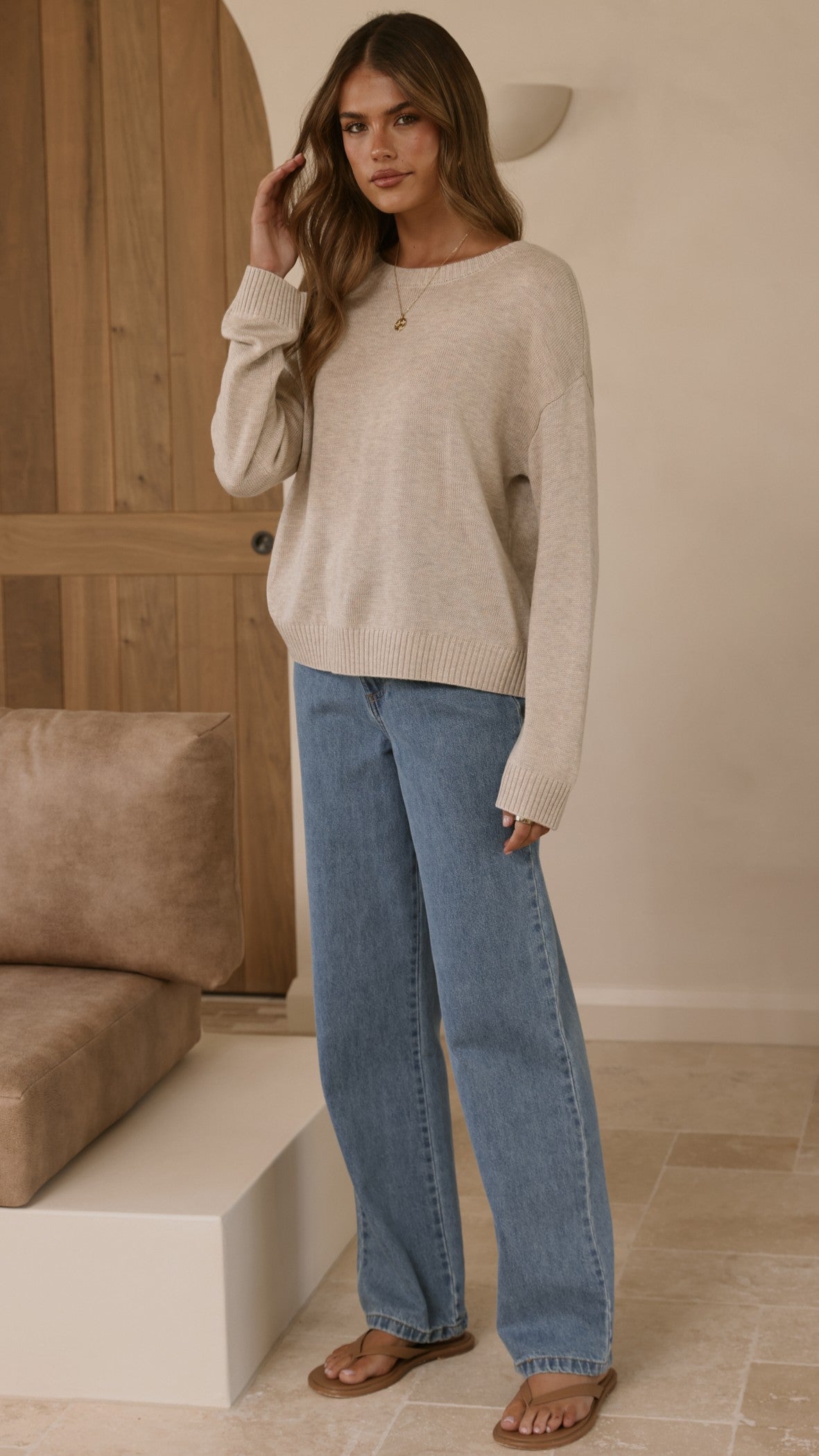 Victoria Crew Neck Long Sleeve Ribbed Trim Knit Top – Oat – view 5