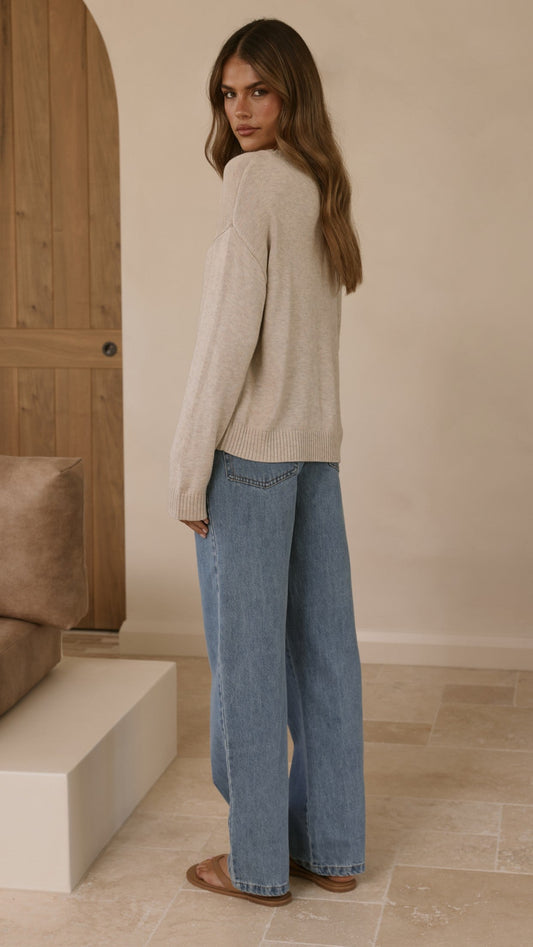 Victoria Crew Neck Long Sleeve Ribbed Trim Knit Top – Oat – view 2