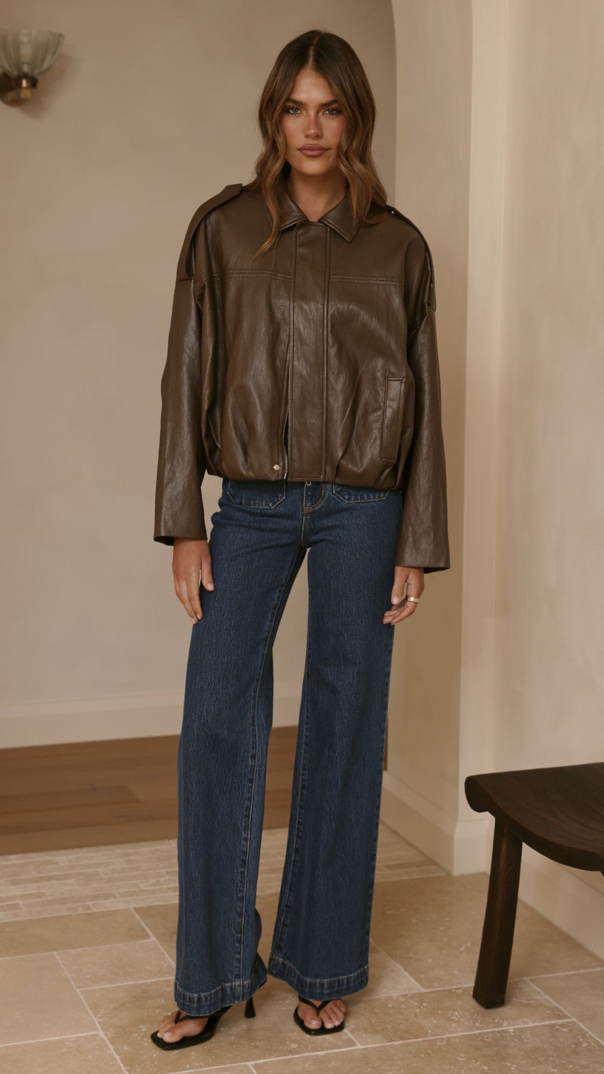 Leela Vegan Leather Collared Bomber Jacket with Bubble Hem – Brown – view 10