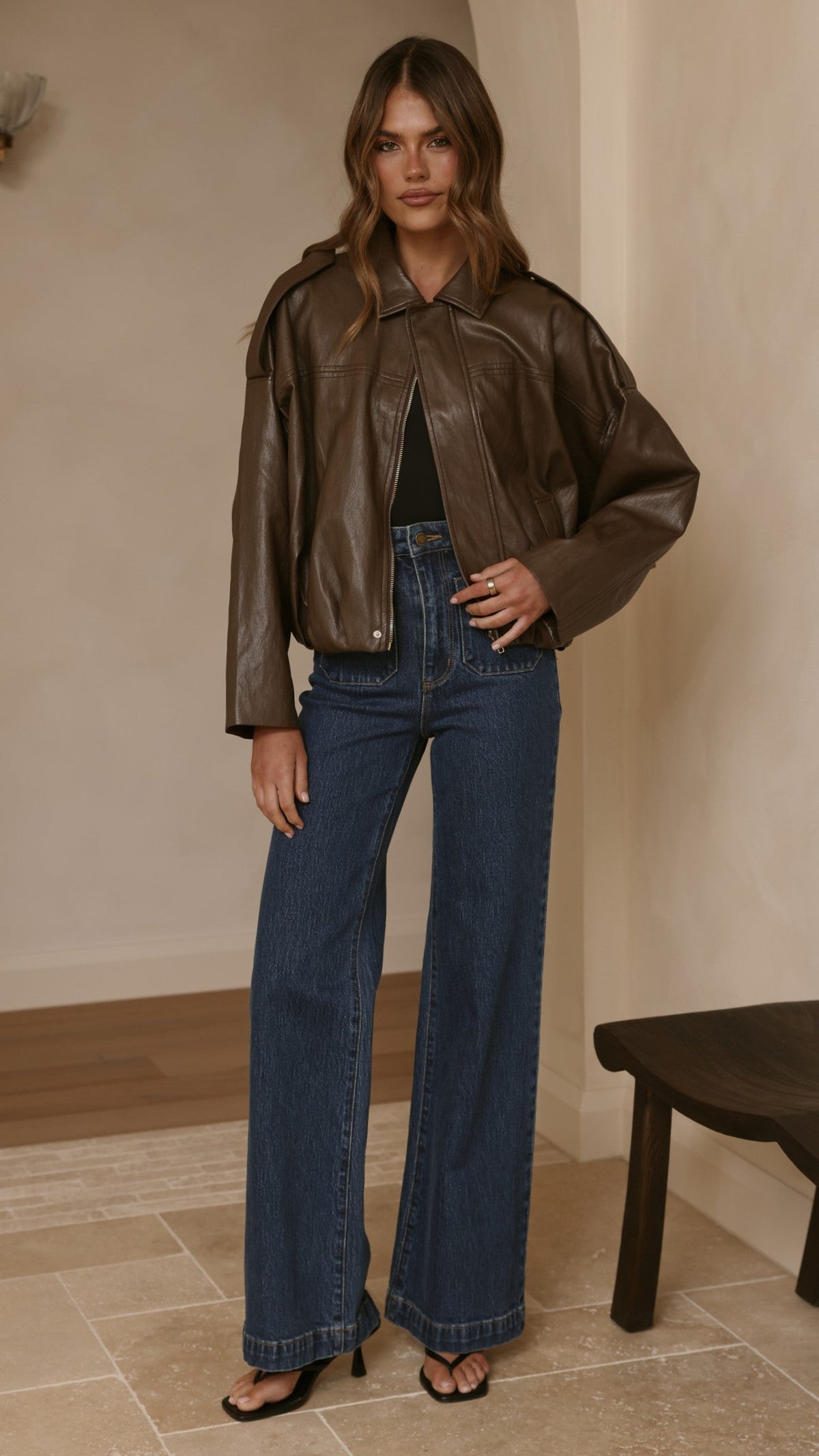 Leela Vegan Leather Collared Bomber Jacket with Bubble Hem – Brown – view 11