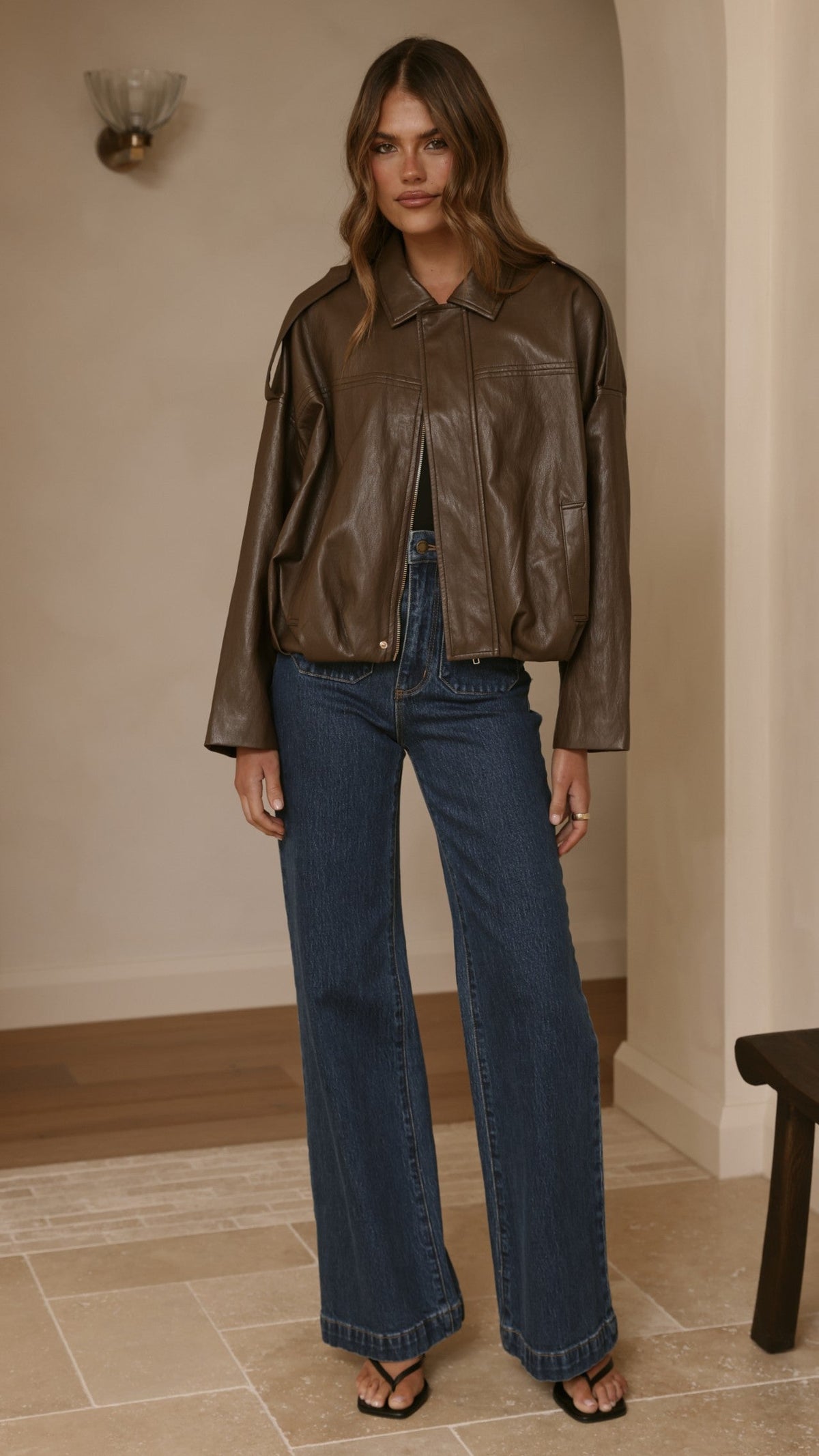 Leela Vegan Leather Collared Bomber Jacket with Bubble Hem – Brown – view 12
