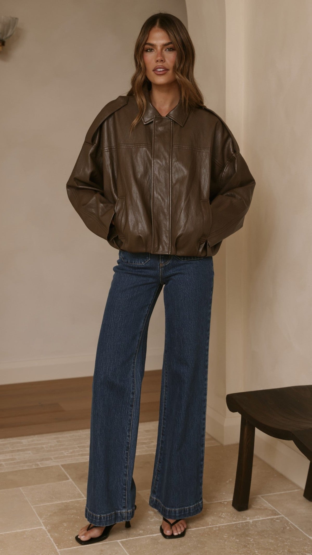 Leela Vegan Leather Collared Bomber Jacket with Bubble Hem – Brown – view 4