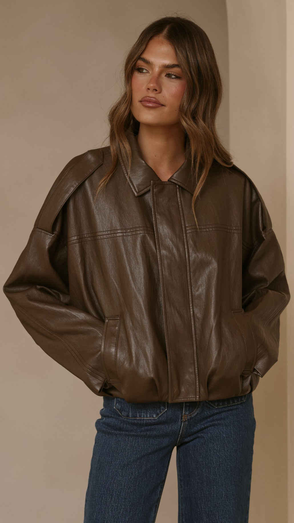 Leela Vegan Leather Collared Bomber Jacket with Bubble Hem – Brown – view 5