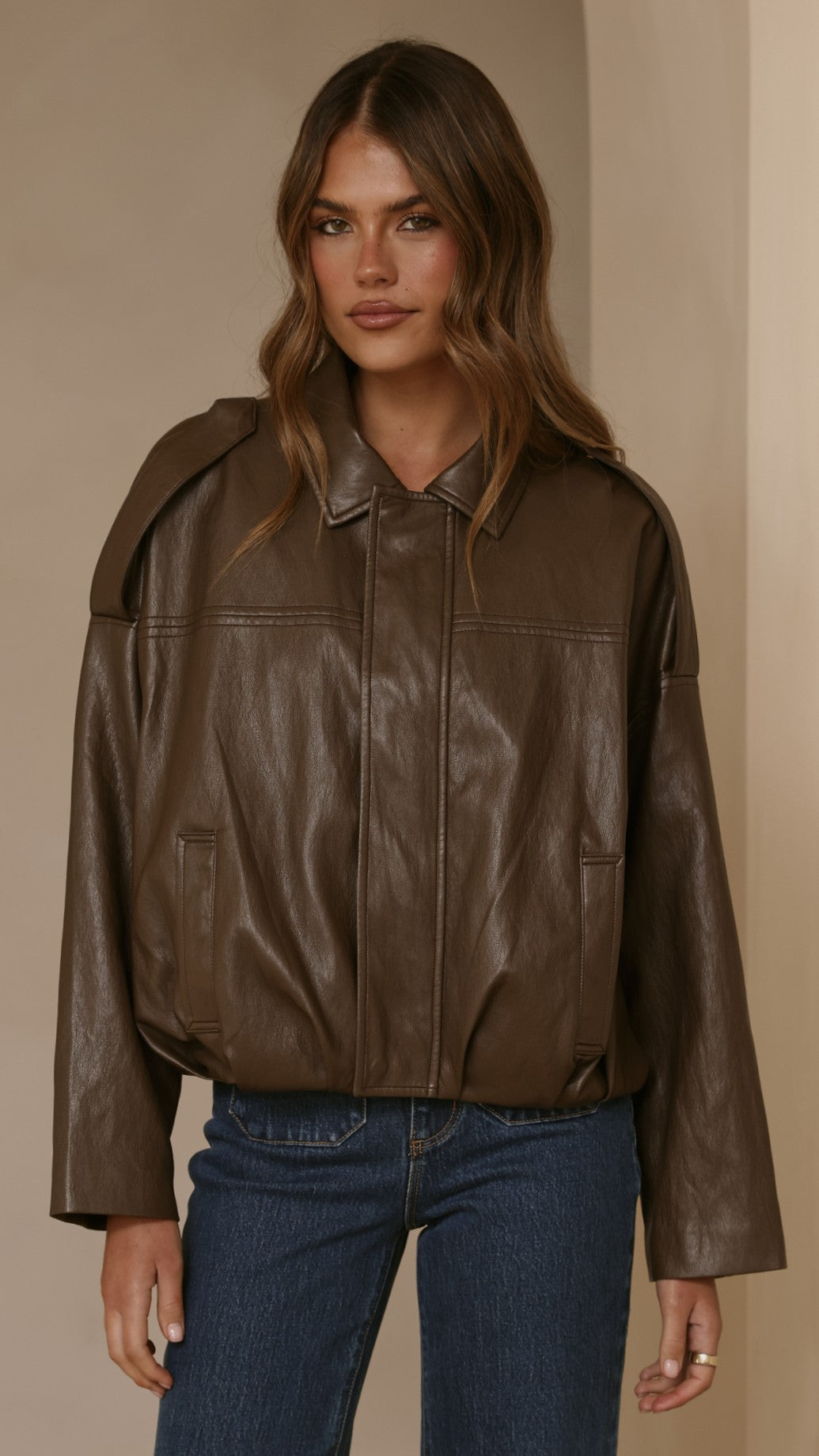 Leela Vegan Leather Collared Bomber Jacket with Bubble Hem – Brown – view 6