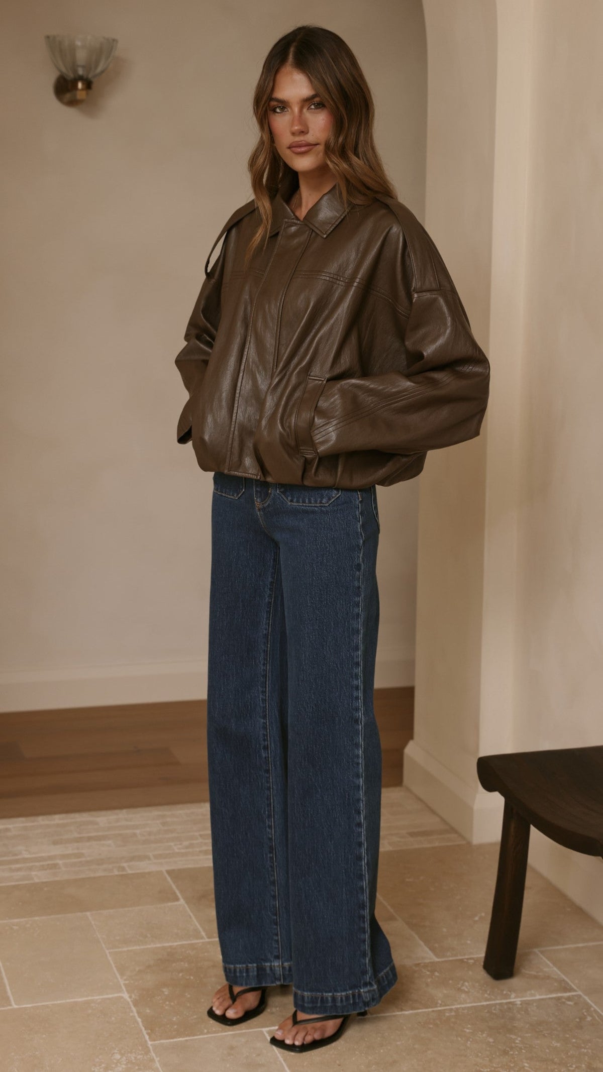 Leela Vegan Leather Collared Bomber Jacket with Bubble Hem – Brown – view 8