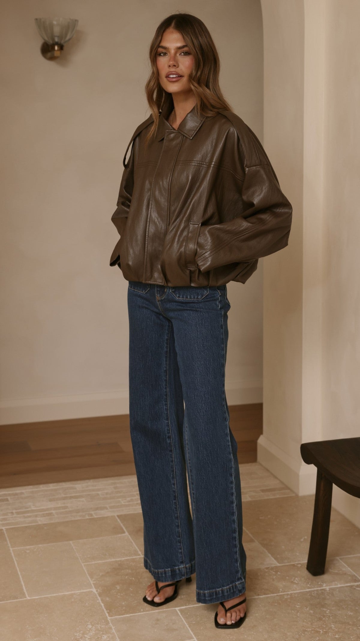 Leela Vegan Leather Collared Bomber Jacket with Bubble Hem – Brown – view 3