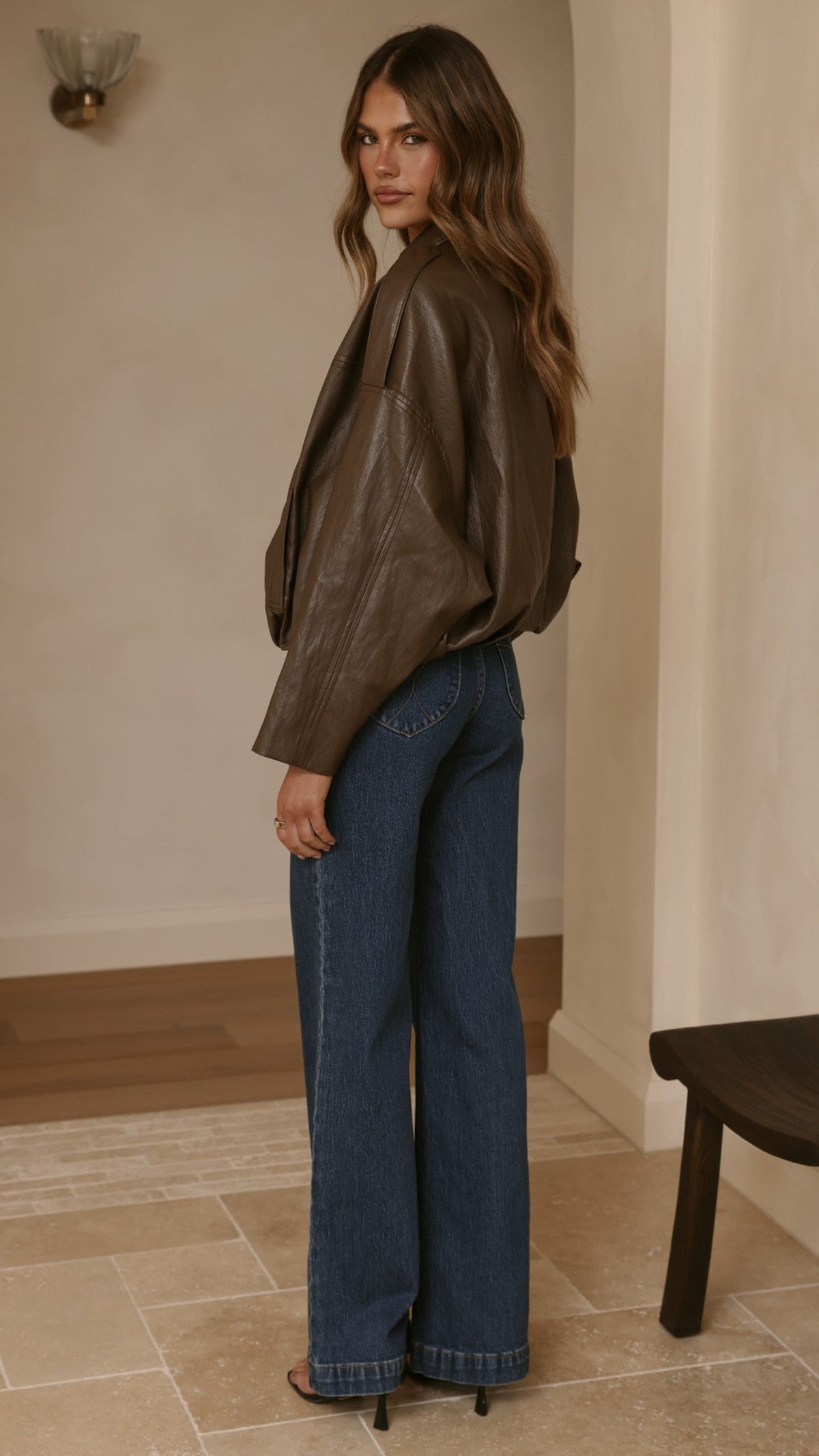 Leela Vegan Leather Collared Bomber Jacket with Bubble Hem – Brown – view 2