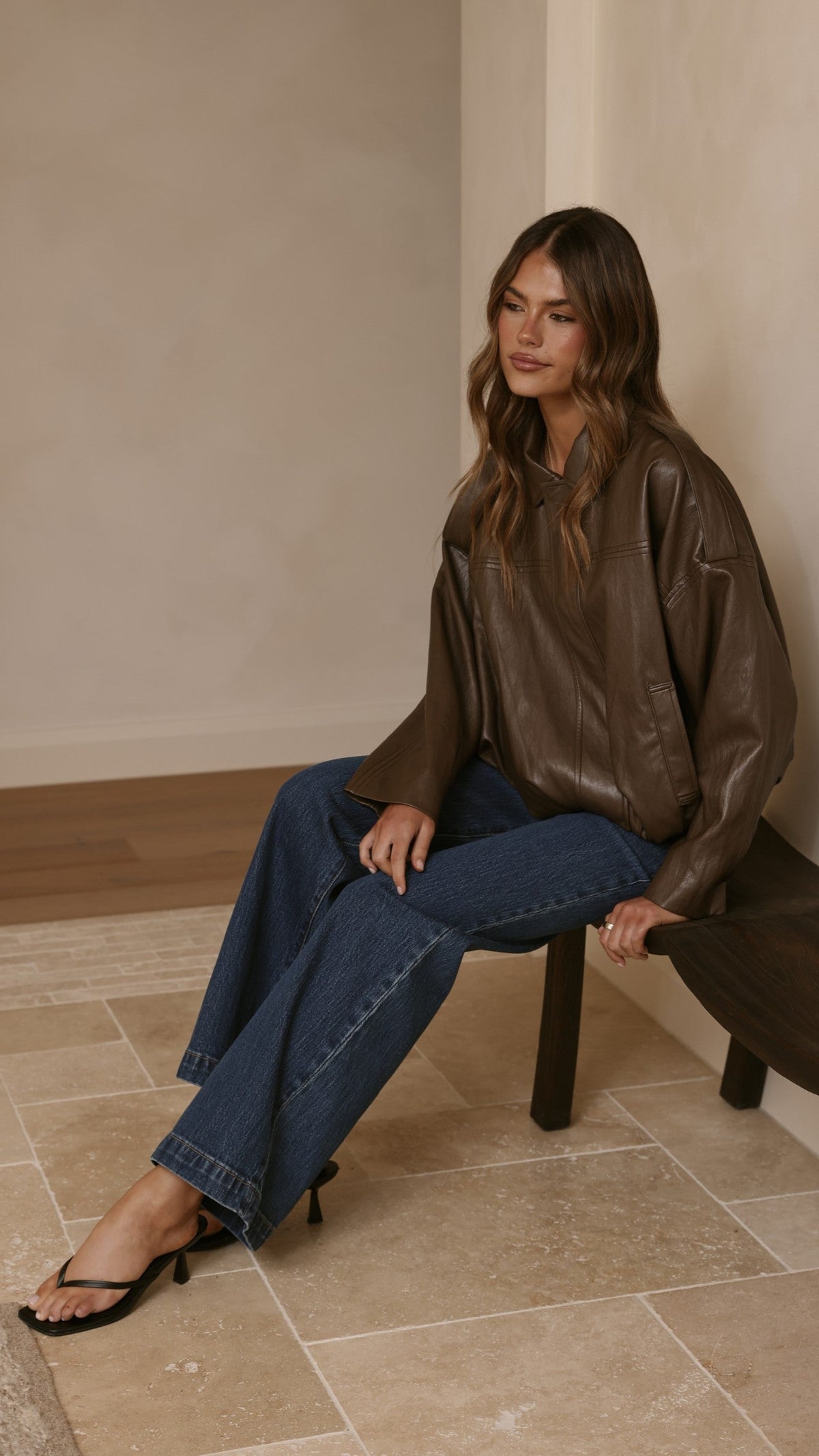 Leela Vegan Leather Collared Bomber Jacket with Bubble Hem – Brown – view 9