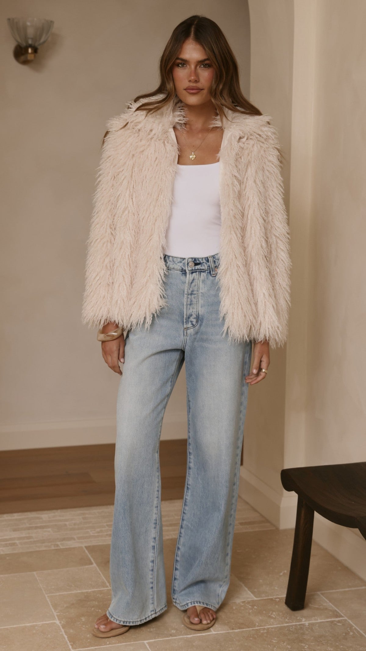 Chantelle Faux Fur Longline Jacket with Classic Collar – Cream – view 9