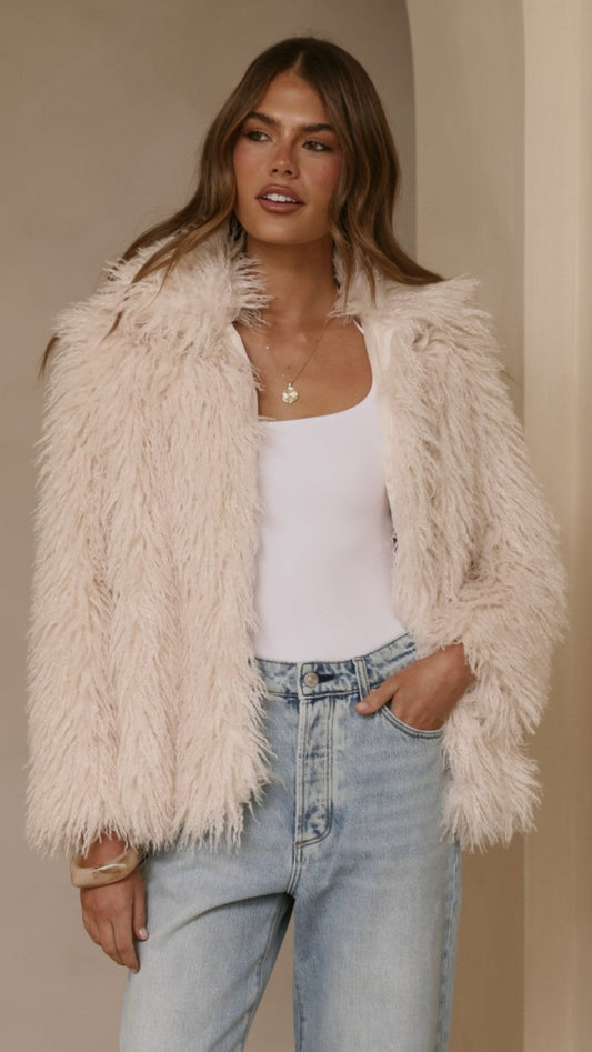 Chantelle Faux Fur Longline Jacket with Classic Collar – Cream