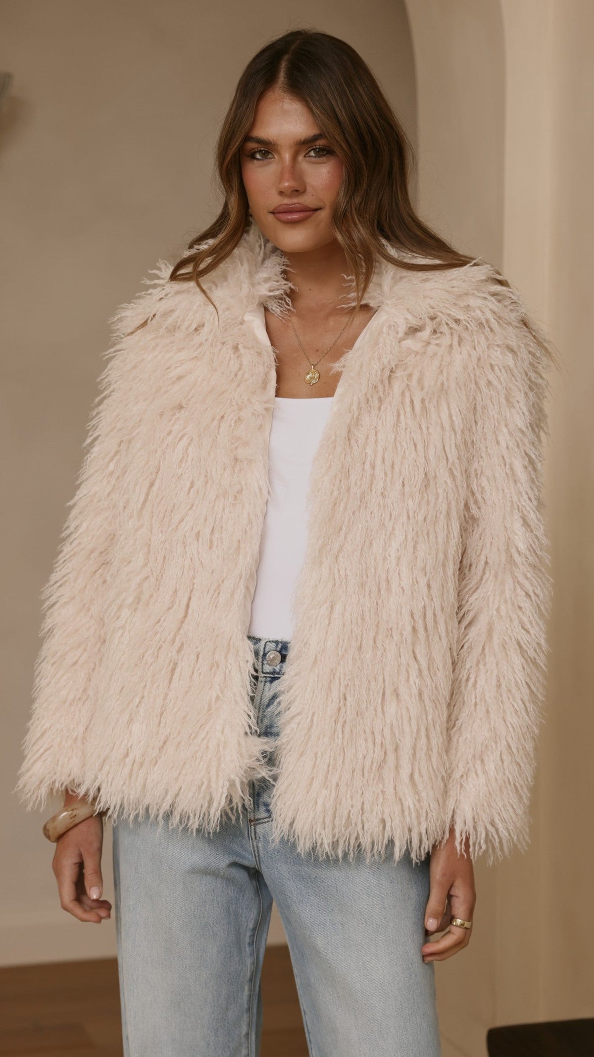 Chantelle Faux Fur Longline Jacket with Classic Collar – Cream – view 4
