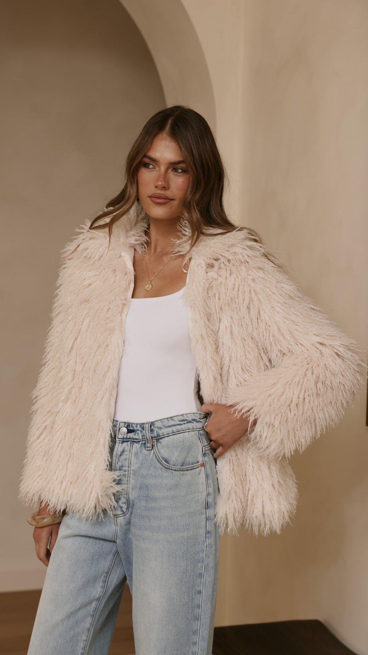 Chantelle Faux Fur Longline Jacket with Classic Collar – Cream – view 5