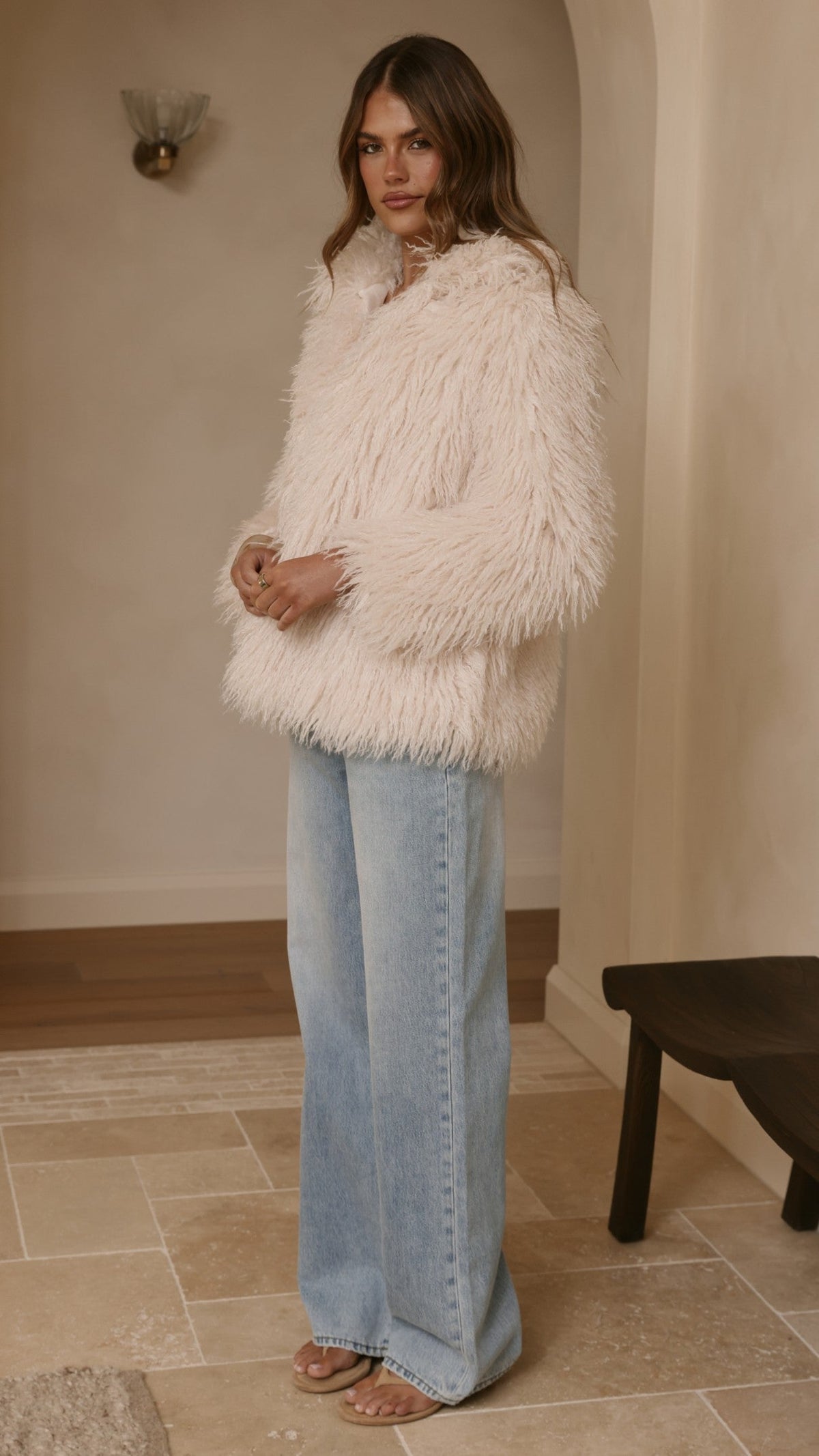 Chantelle Faux Fur Longline Jacket with Classic Collar – Cream – view 8