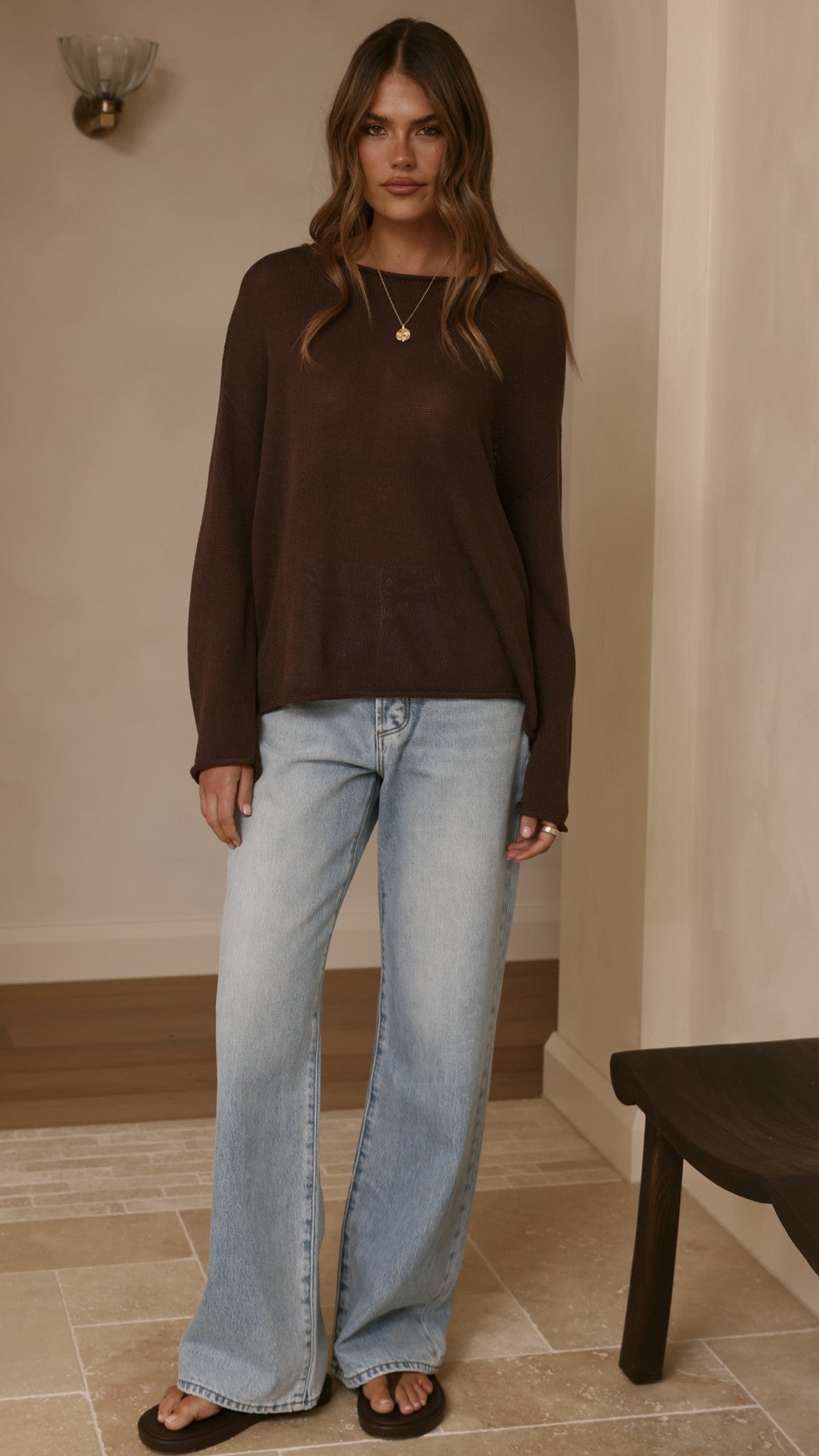 Lakoa Sheer Boat Neck Long Sleeve Boxy Knit Top – Chocolate – view 3