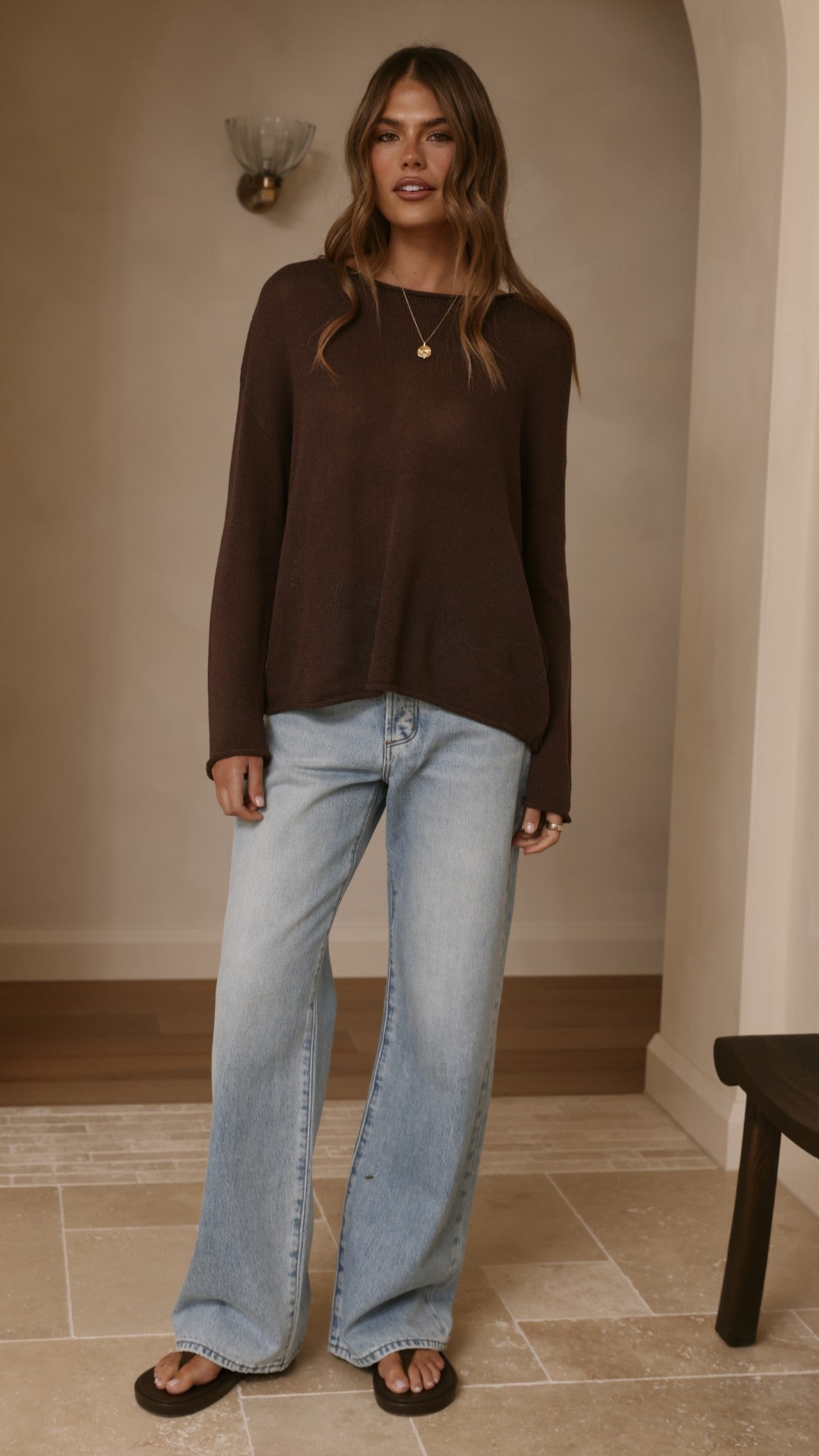 Lakoa Sheer Boat Neck Long Sleeve Boxy Knit Top – Chocolate – view 7