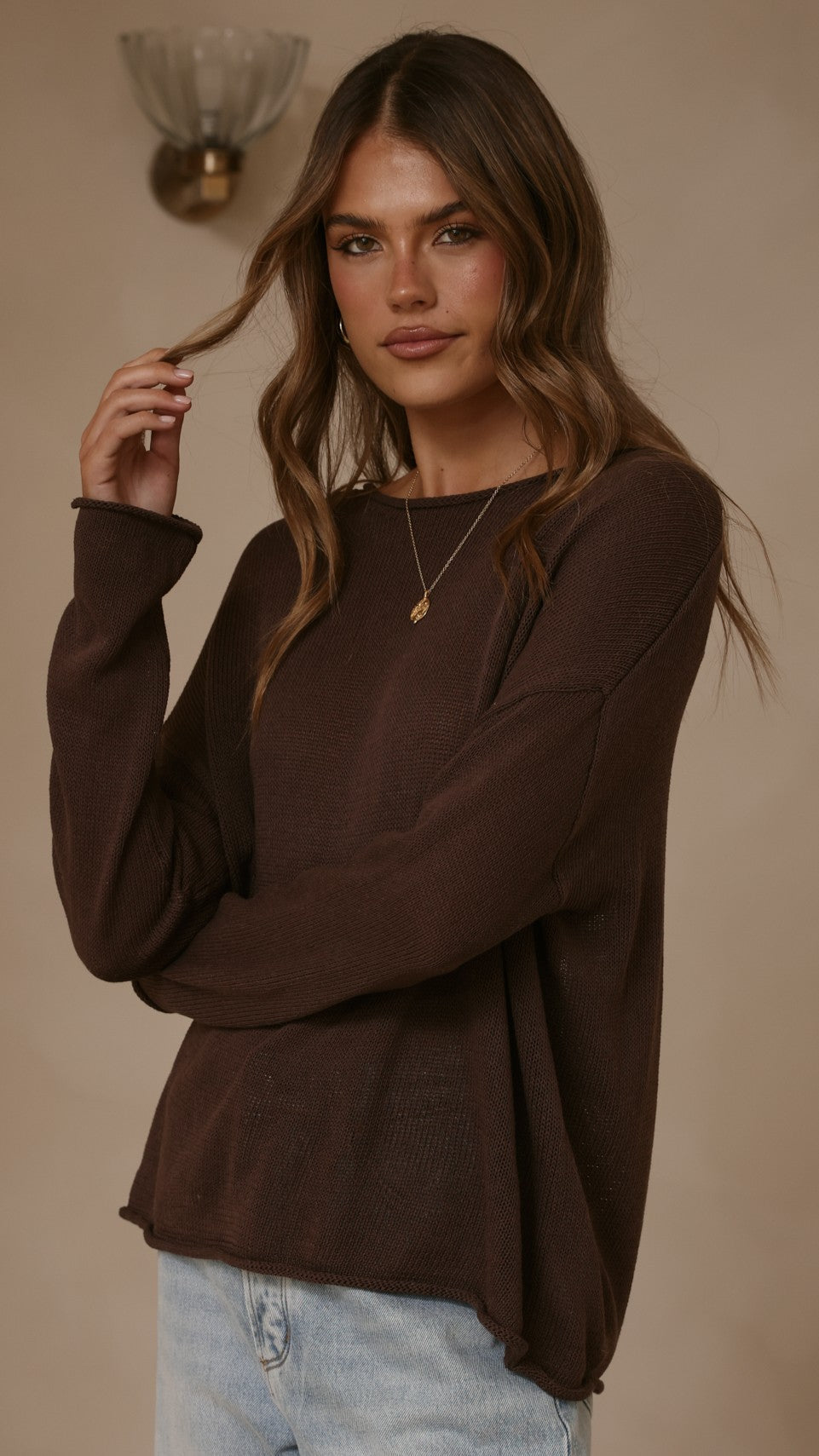 Lakoa Sheer Boat Neck Long Sleeve Boxy Knit Top – Chocolate – view 4