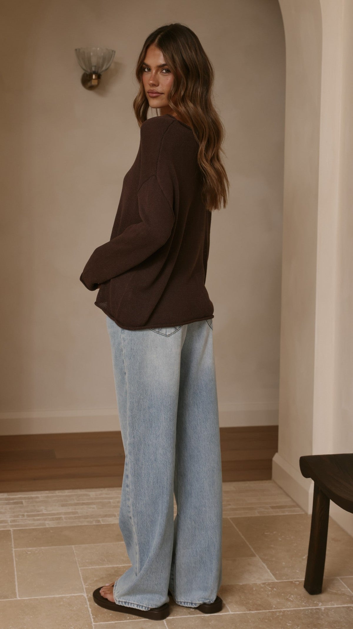 Lakoa Sheer Boat Neck Long Sleeve Boxy Knit Top – Chocolate – view 2