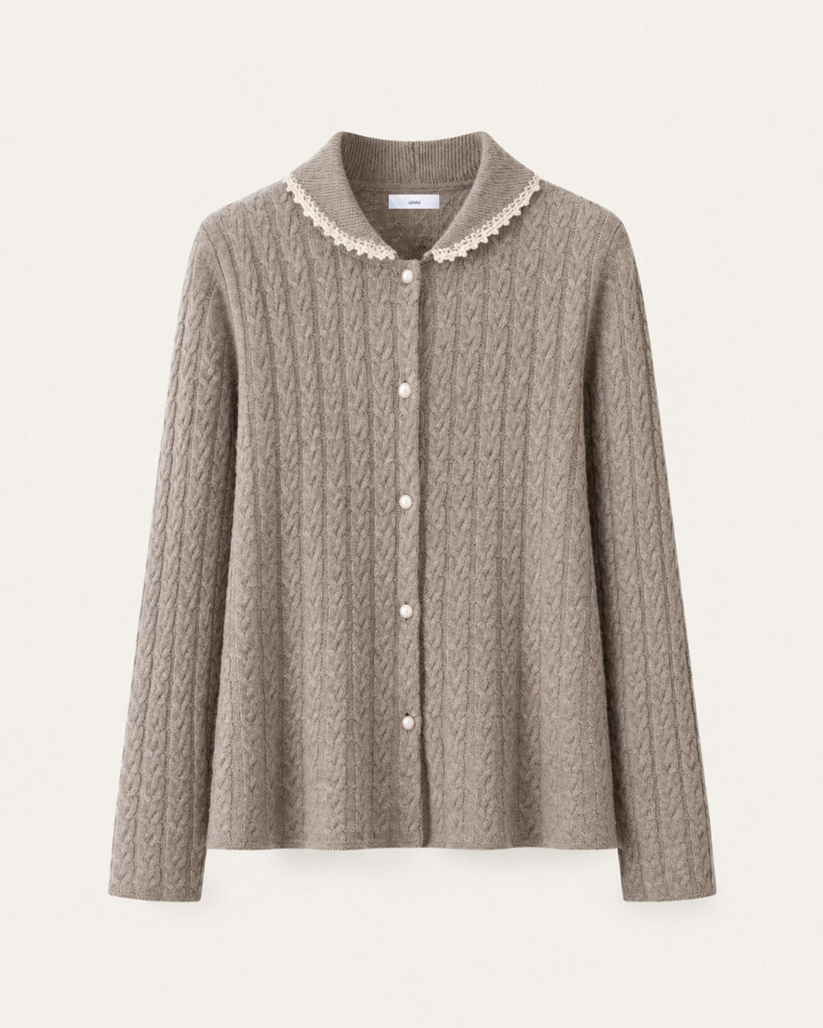 Pure Cashmere Cable Knit Cardigan with Peter Pan Collar – Camel – view 1