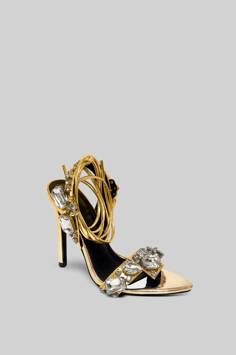 Silver Rhinestone Embellished Strap High Heels – Gold – view 2