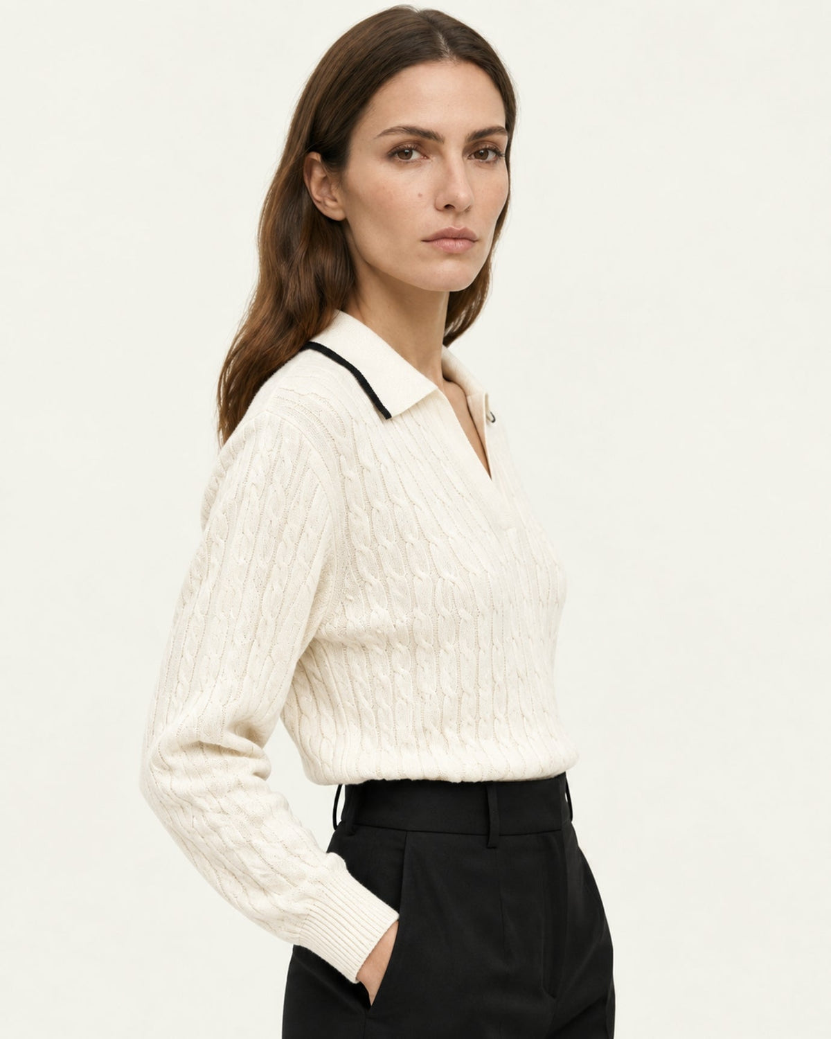 Relaxed Fit Cable Knit Cashmere Polo Collar Jumper – view 9