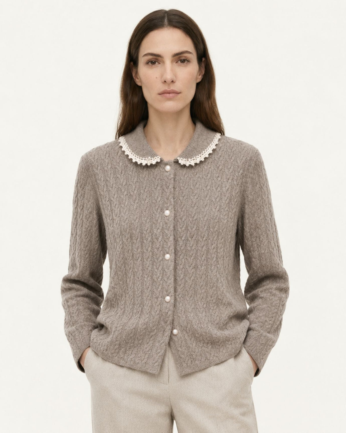 Pure Cashmere Cable Knit Cardigan with Peter Pan Collar – view 2
