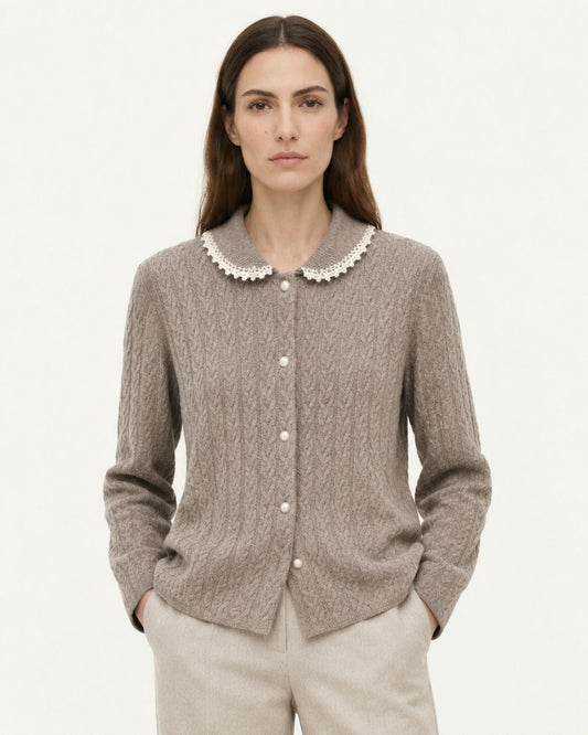 Pure Cashmere Cable Knit Cardigan with Peter Pan Collar – view 2