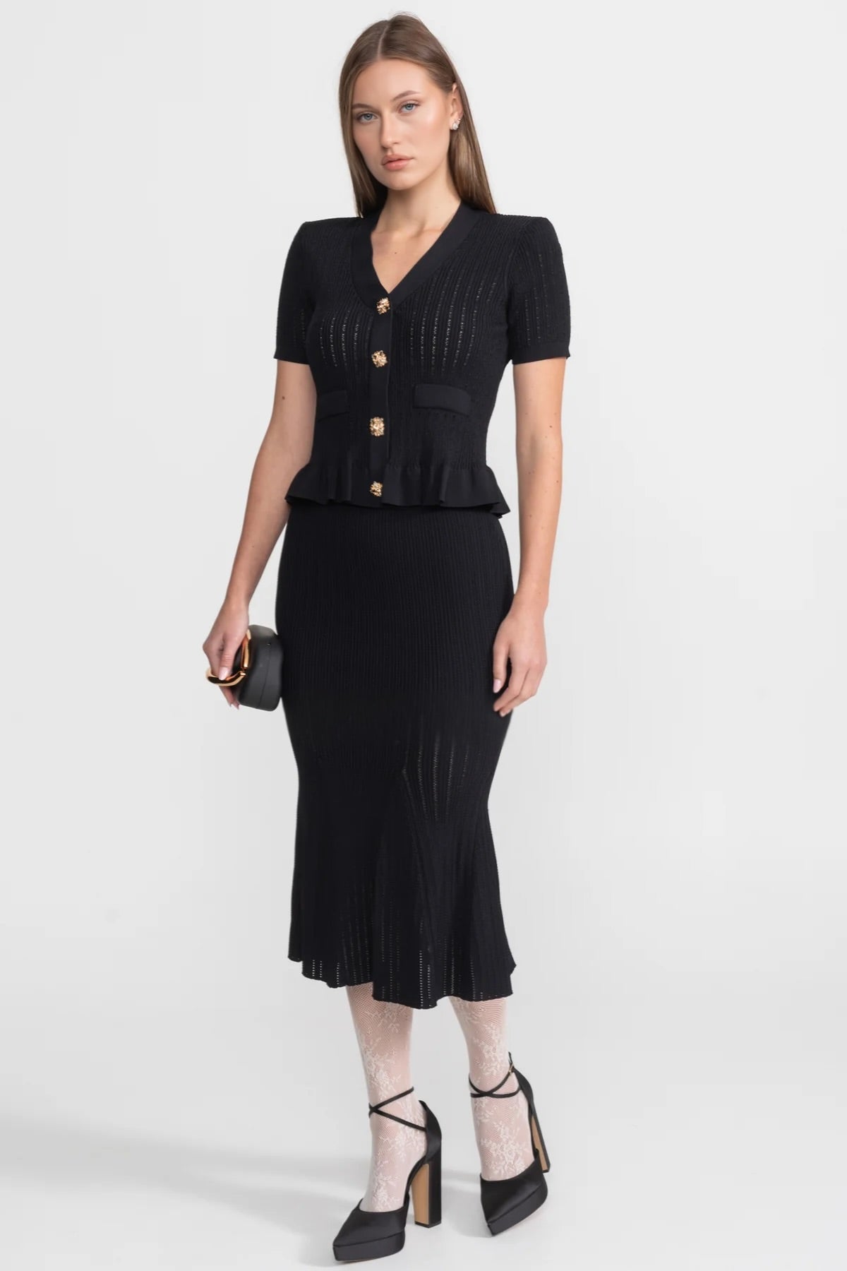 Ribbed Knit Peplum Top and Midi Skirt Co-ord with Gold Buttons – Black – view 2