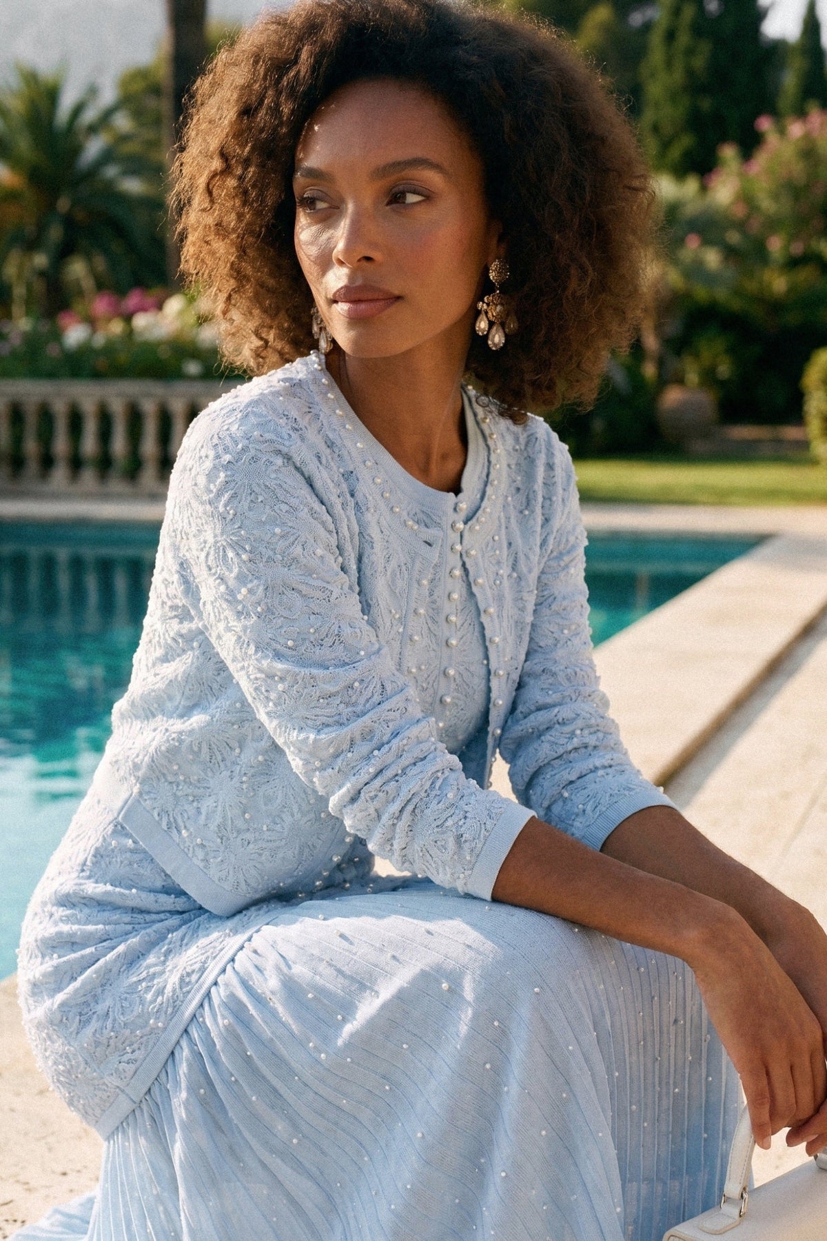 Beaded Lace Long Sleeve Cardigan with Pearl Buttons – Blue