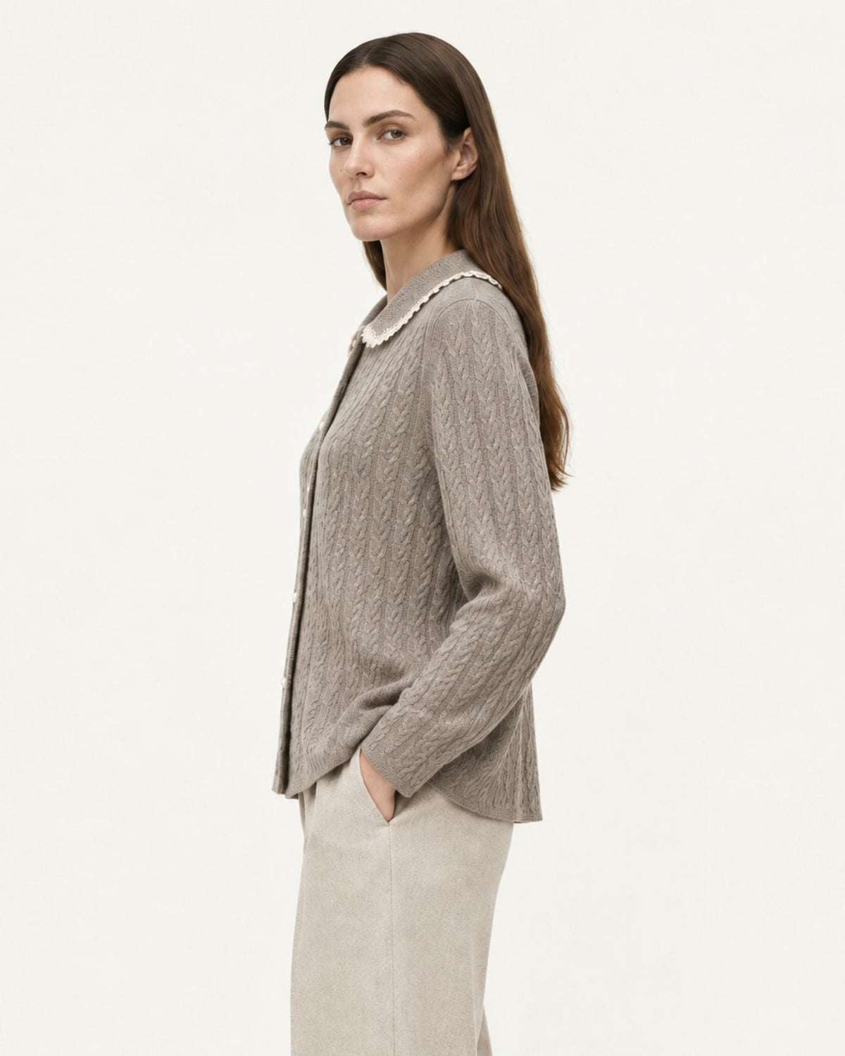 Pure Cashmere Cable Knit Cardigan with Peter Pan Collar – view 3