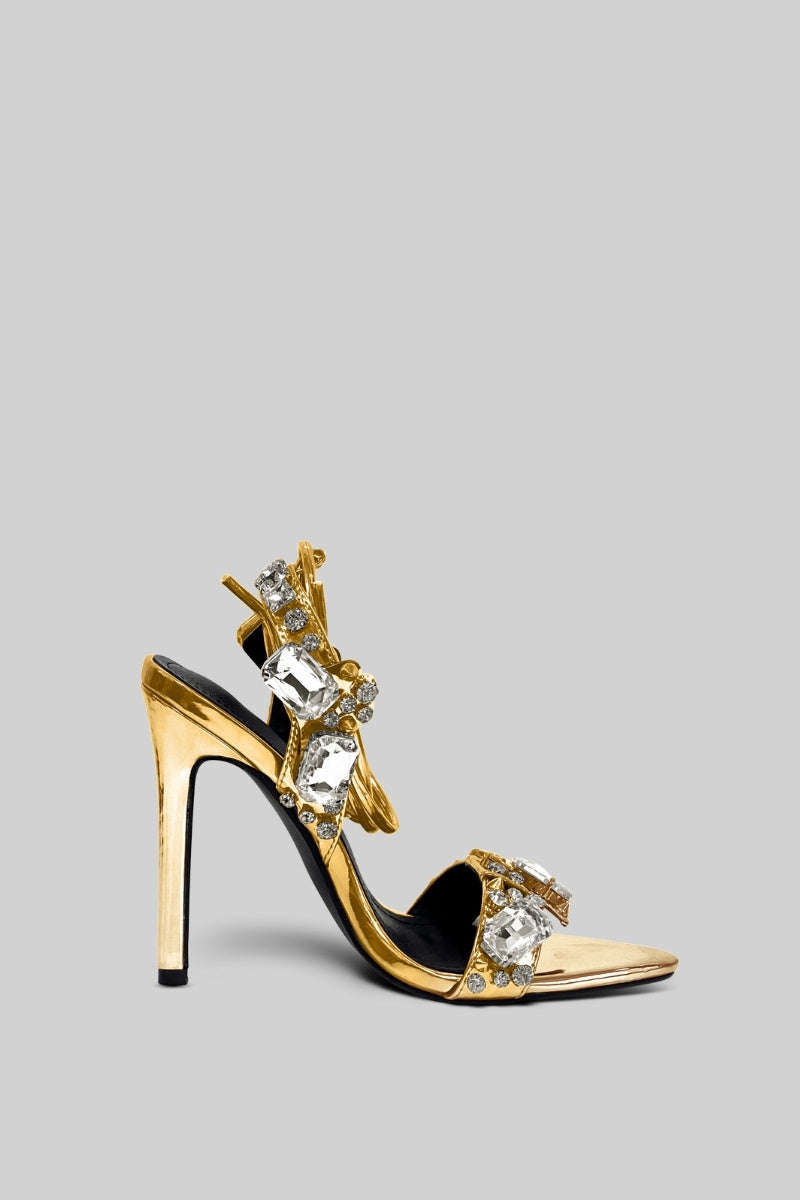 Silver Rhinestone Embellished Strap High Heels – Gold – view 1