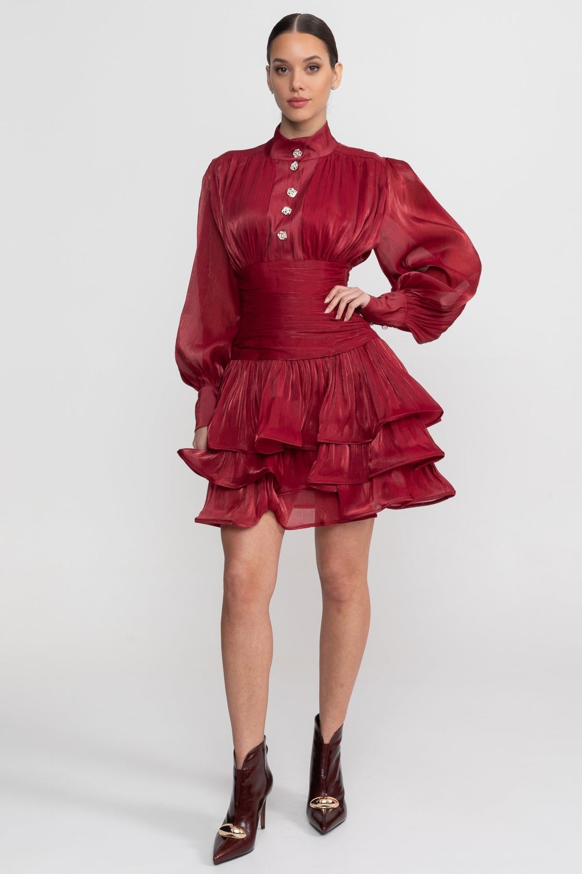 Long Sleeve Tiered Ruffle Mini Dress with Stand Collar – Red