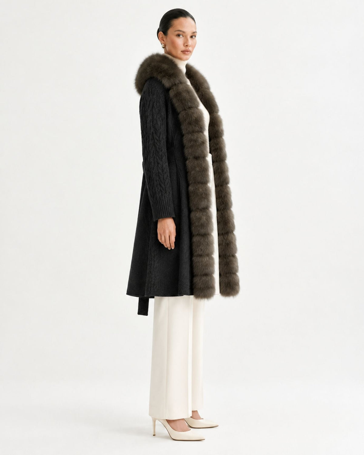 Zira Belted Long Wool Coat with Front Placket Trim – view 8