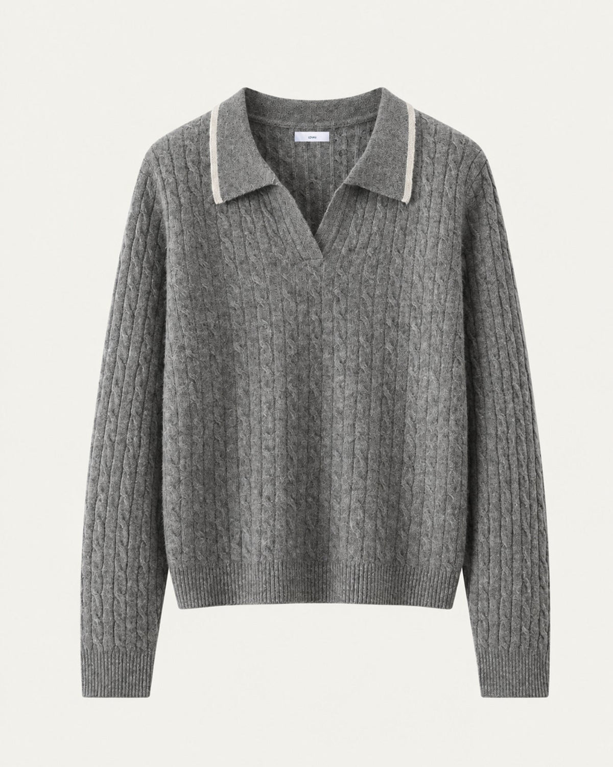 Relaxed Fit Cable Knit Cashmere Polo Collar Jumper – view 11