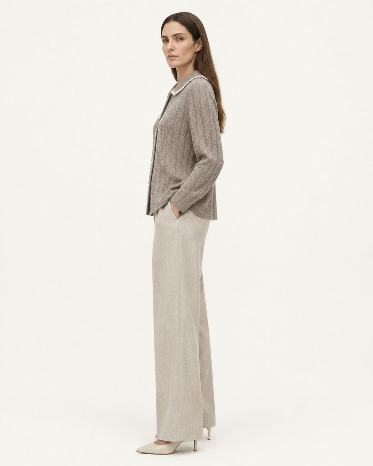 Pure Cashmere Cable Knit Cardigan with Peter Pan Collar – view 4