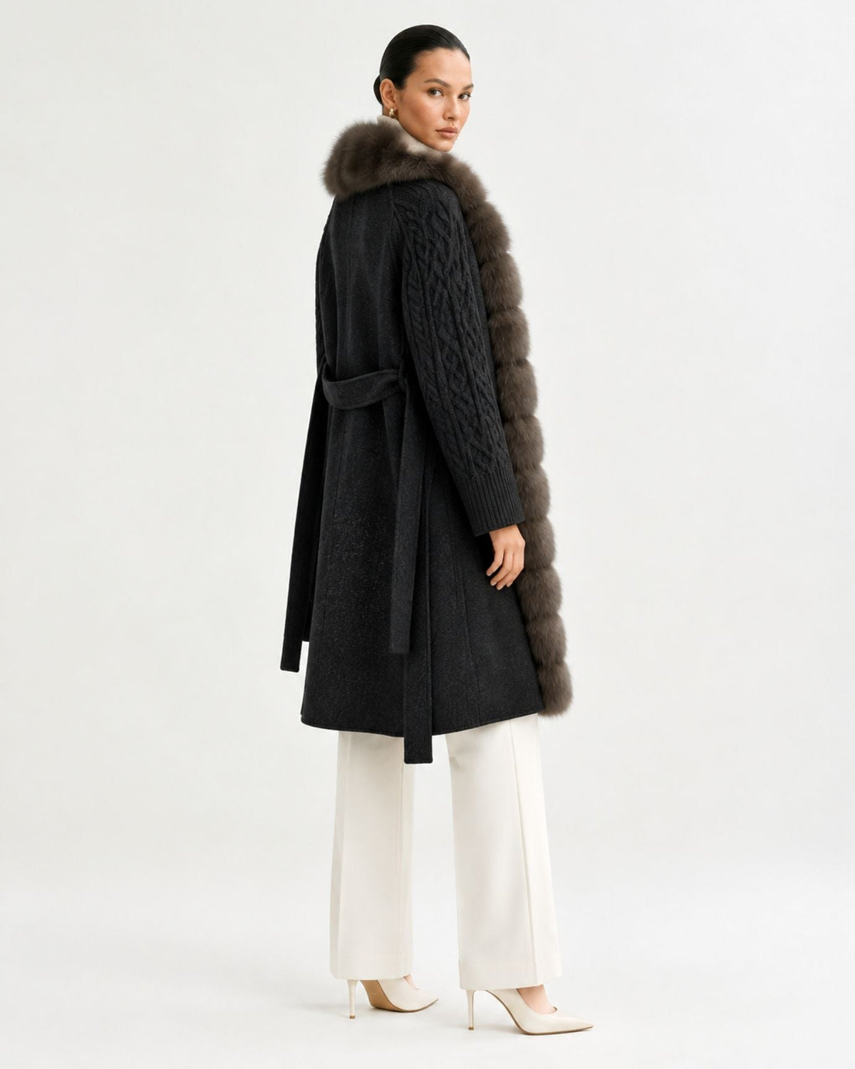 Zira Belted Long Wool Coat with Front Placket Trim – view 9