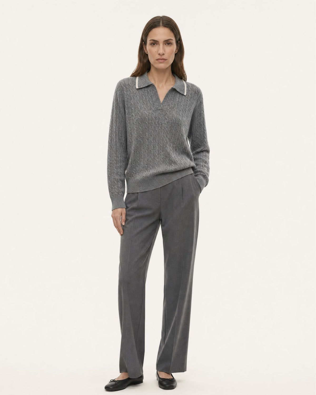 Relaxed Fit Cable Knit Cashmere Polo Collar Jumper – view 12